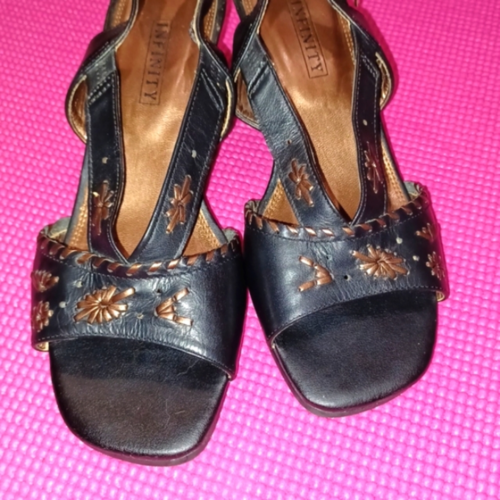 Black leather wedge Open Toe heels size 7.5